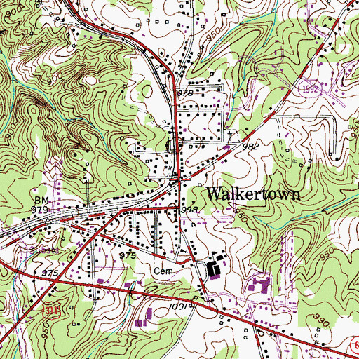 Topographic Map of Walkertown, NC