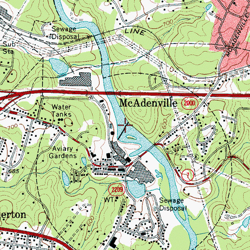 Topographic Map of McAdenville Lake Dam, NC