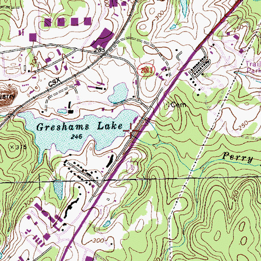Topographic Map of Greshams Lake Dam, NC